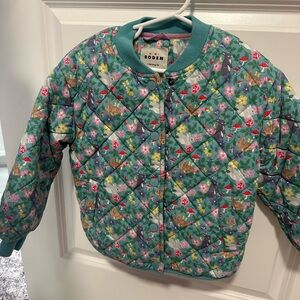 Mini Boden Quilted Jacket with Floral & Bunny Print - Teal, Pink